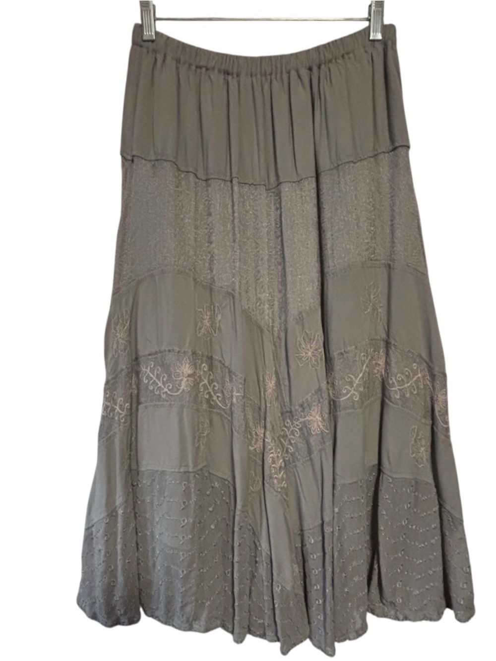 MULTIPLES PL Boho Flowy Skirt Mixed media Gray Peasant Fully lined Emb PL India